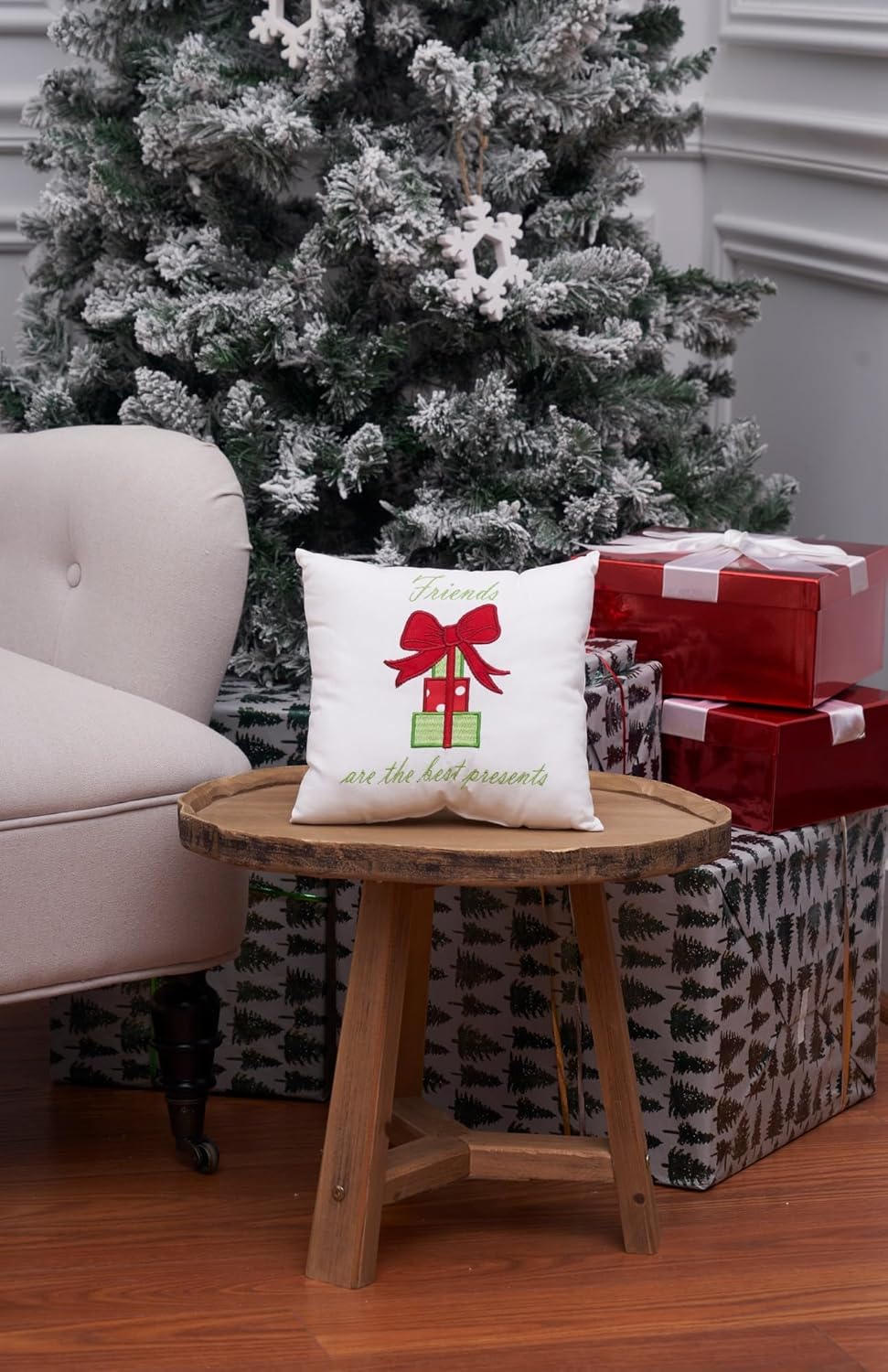 Embroidered Accent Pillow - 10" x 10" Friends Are The Best Presents - Festive Winter Holiday Decor for Sofa, Couch, Chair, Bed