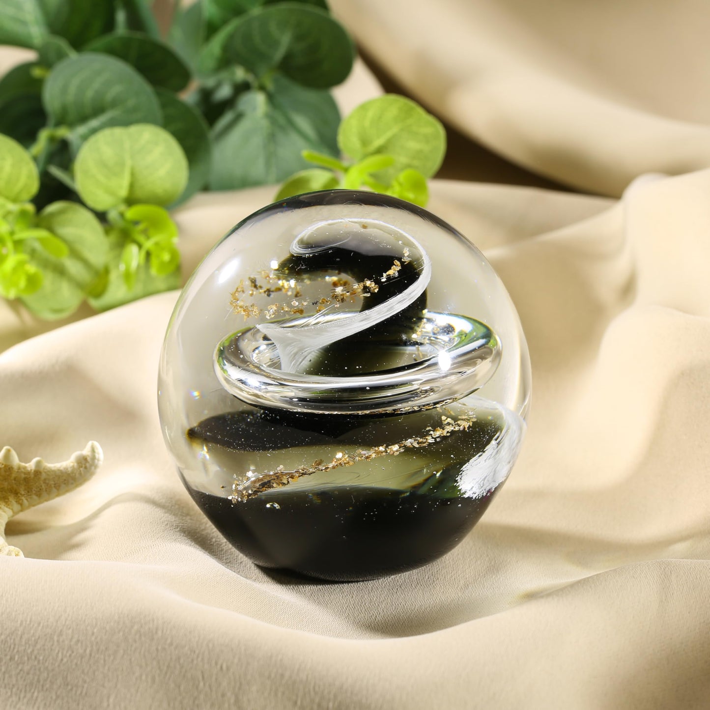JFTOSALE 3.15in Abstract Galaxy Glass Ball Paperweight Blown Glass Art Modern Black and White Decorative Accent for Office, Shelf, and Table Top