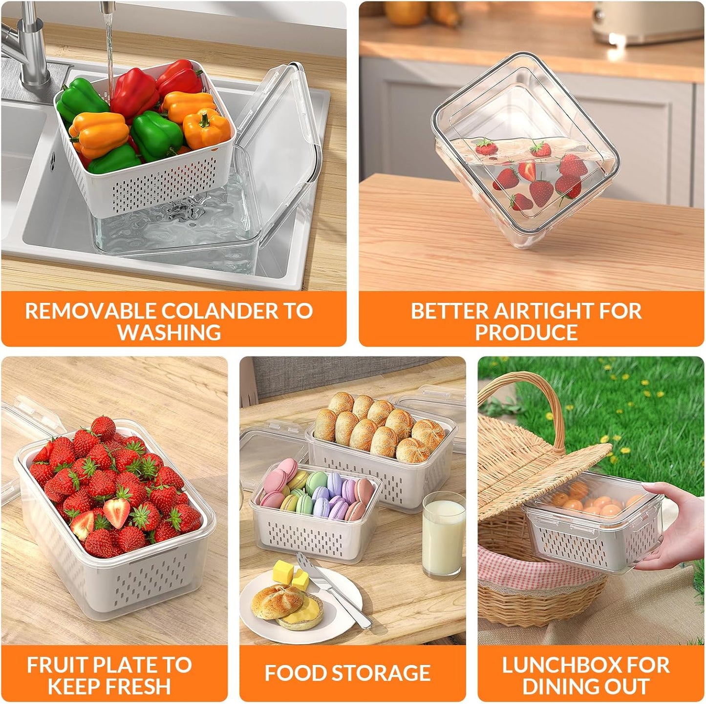 Skiennix Large Fruit Storage Containers - Airtight 5-Piece Set with Removable Colanders | Keep Produce Fresh Longer