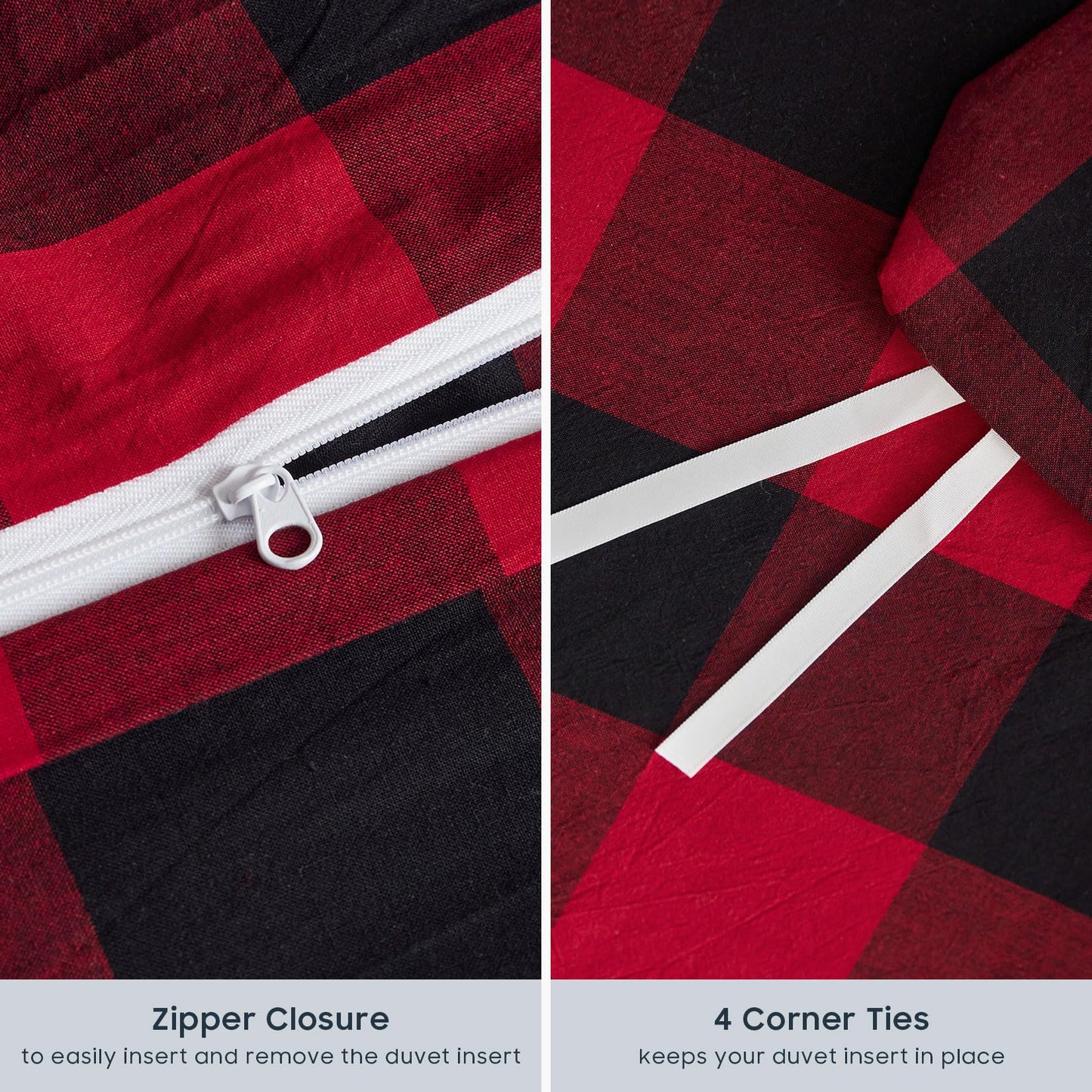 Wake In Cloud - Gingham Cotton Duvet Cover Set, Plaid Buffalo Check Checkered Farmhouse, 100% Washed Cotton Textured Bedding Set, 3 Pieces, Red Black, King Size