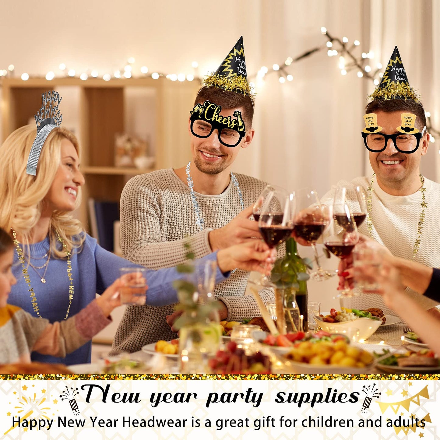 60 Pcs 2025 New Years Eve Party Supplies Decorations Kit Happy Headband Bulk Glasses Cone Hats Necklace Blowout for New Years Favor