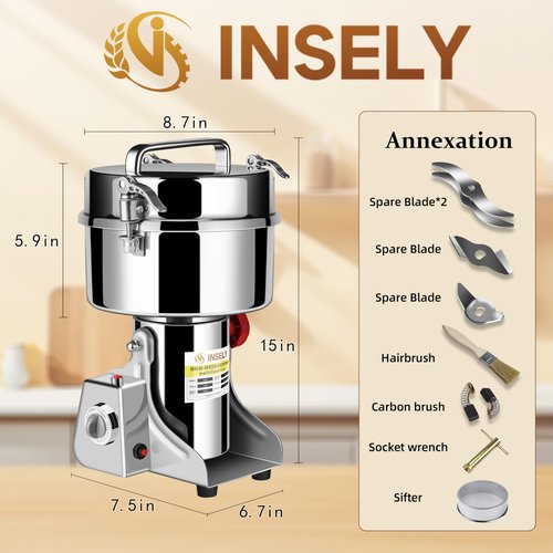 INSELY Grain Mill Grinder 2000g High Speed Food Grain Mill Stainless Steel Seeds Flour Nut Pill Wheat Corn Herbs Spices & Seasonings Dry Grinder Electric Machine Grinder for Kitchen