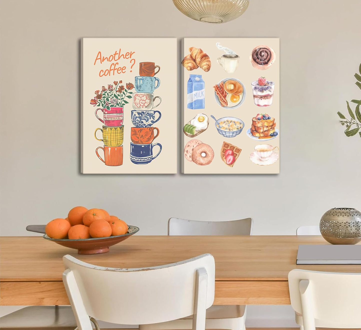 Skiennix Modern Coffee Canvas Wall Art - Colorful Croissant & Coffee Cups Print | Framed Dining Room Decor