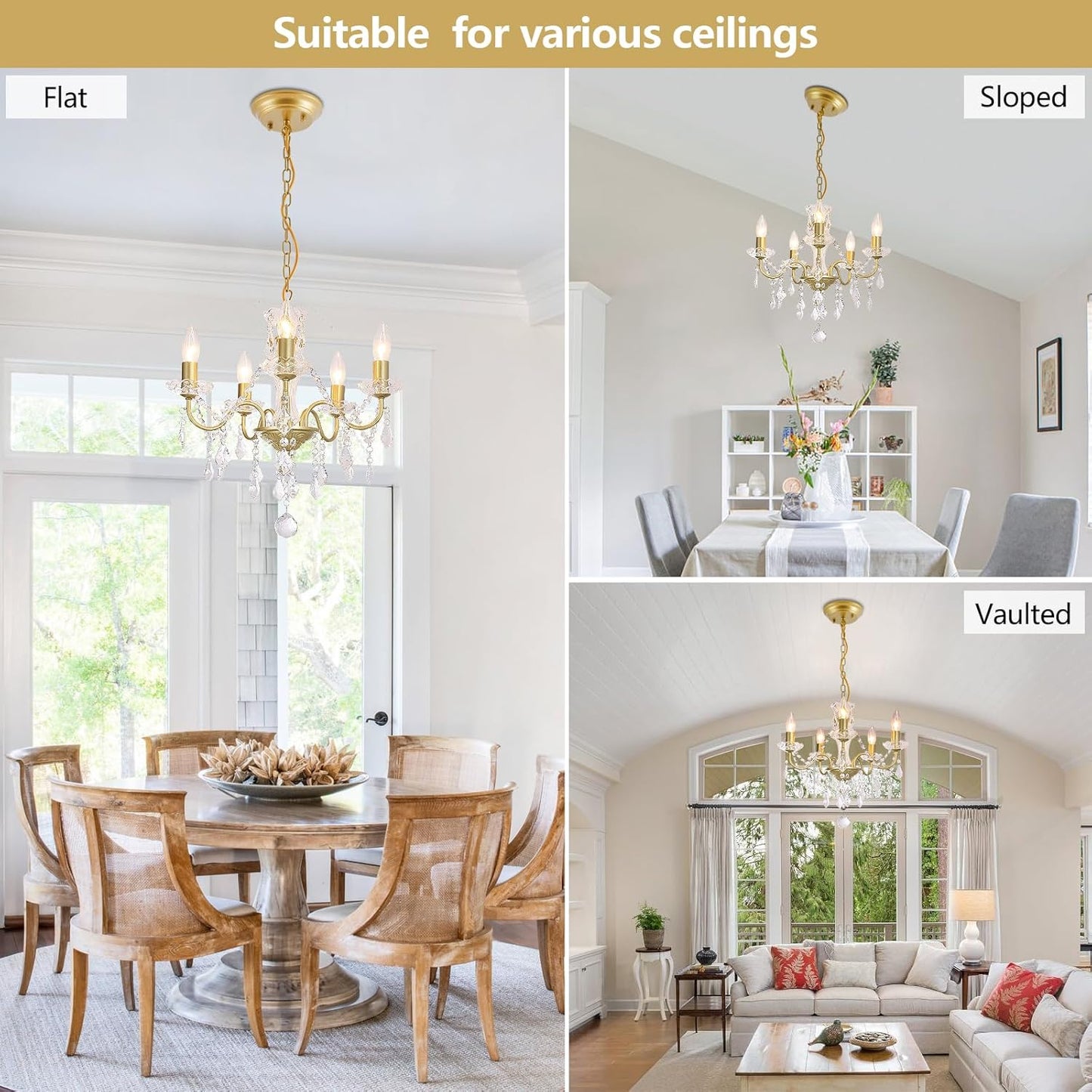 Plug in Modern 3-Light Gold Chandelier with Glass Crystals, Candle Style Pendant Light Fixtures for Living Room, Girls Room, Kitchen Island, Entryway