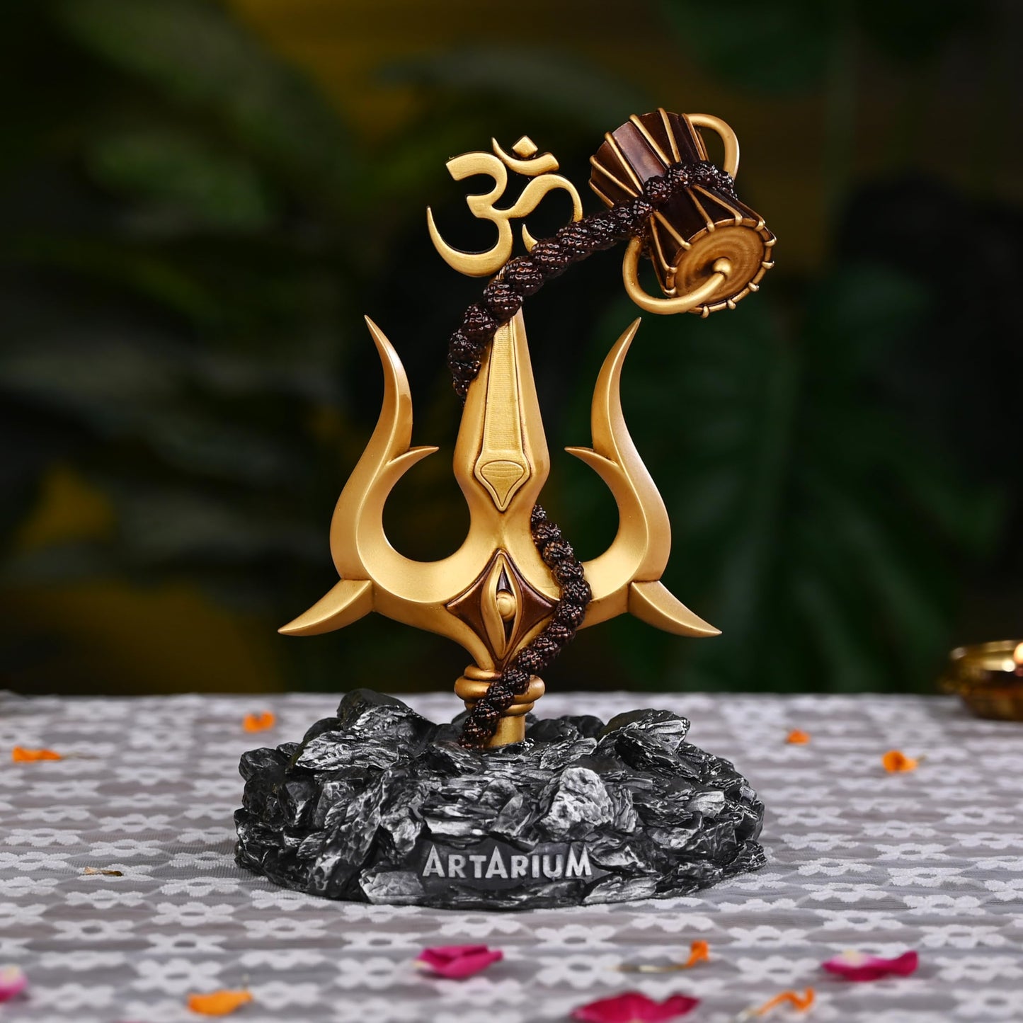 Trishul Damru Statue - Resin & Marble Shiva Statue for Car Dashboard, Office Desk, Home Decor, Hindu God Idol, Lord Shiva Murti, Pooja & Gifts for Women - Perfect Car Accessories, Room & Table Decor