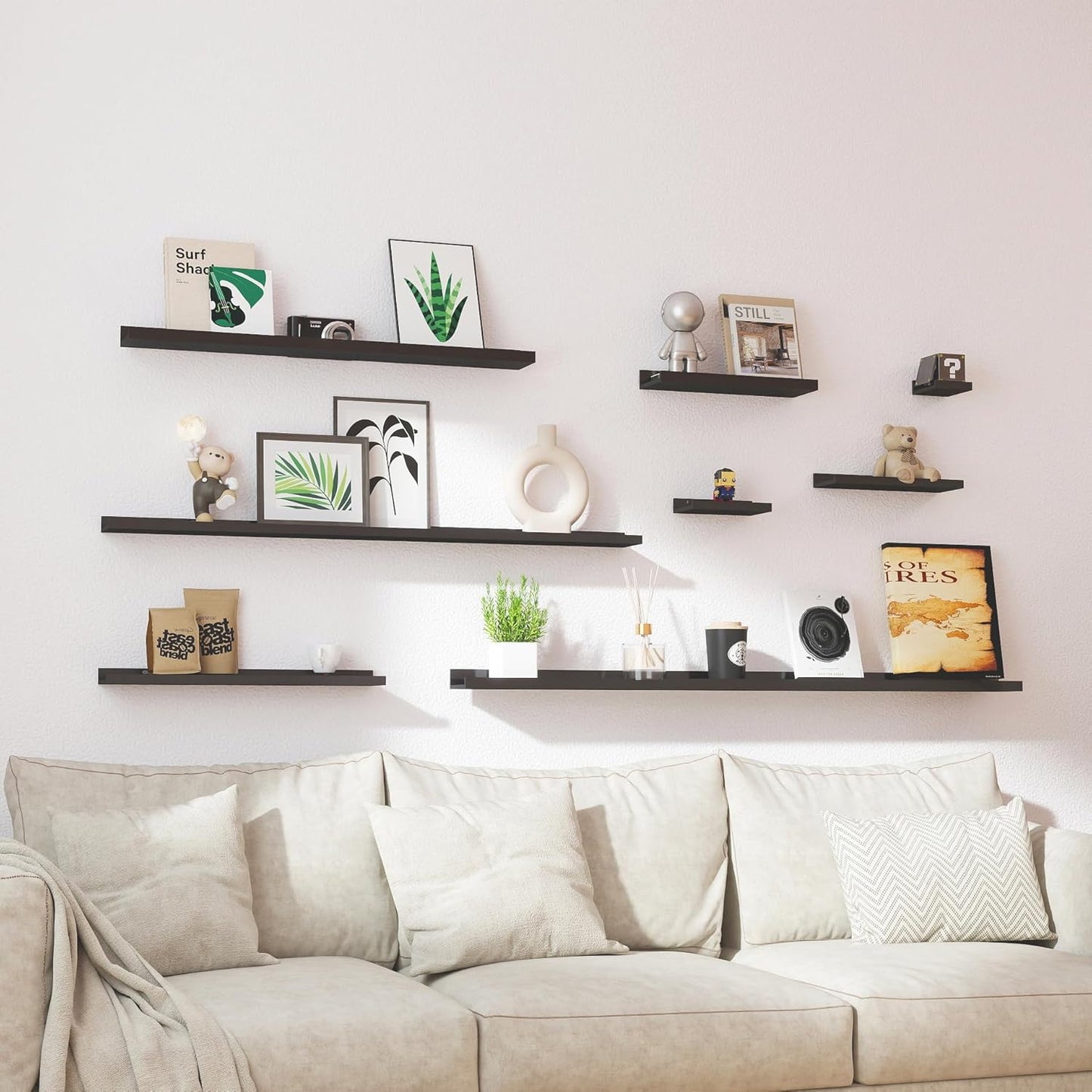 Skiennix Black Floating Shelves | Wall-Mounted Wood Storage for Bedroom, Living Room & More - Set of 2, 14 Inches