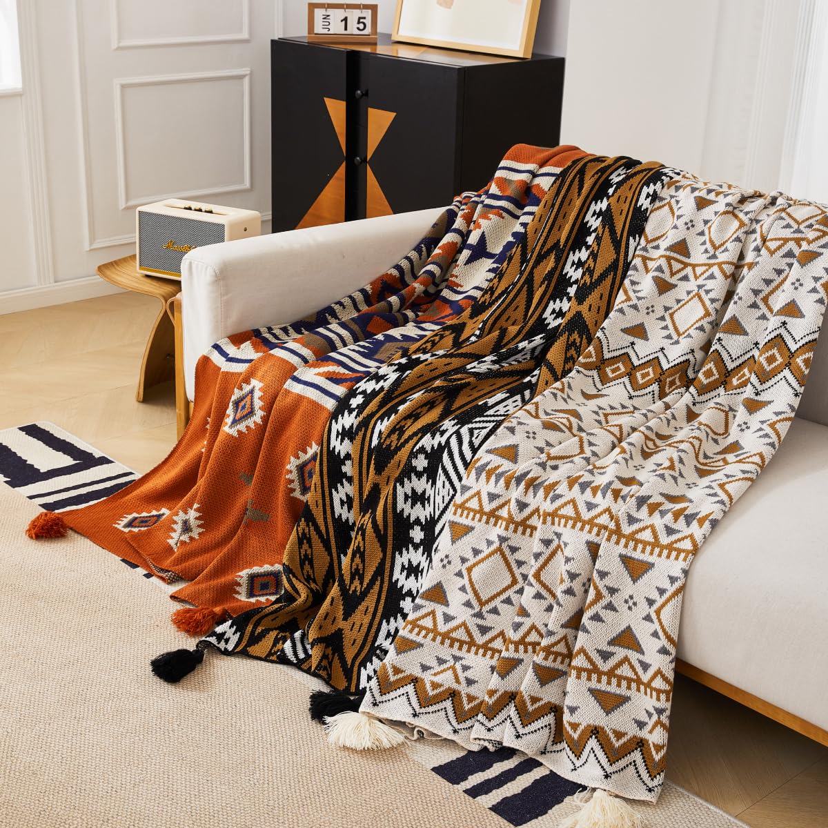 Chair Throw Blankets, Acrylic Knitted Southwest Tribal Bed Throws Couch Sofa Blanket, Native American Southwestern Soft Warm Throw Navaho Living Room Bedroom (Rusted Brown Navy White, 60”x80”)