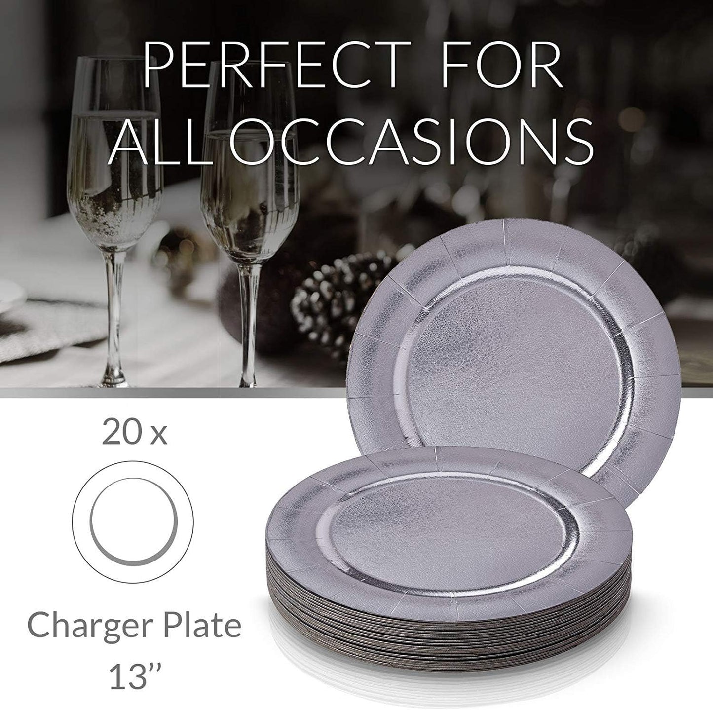 Elegant Silver Disposable Charger Plates Set - 10 Heavy Duty 13” Dinner Plates for Fine Dining & Celebrations