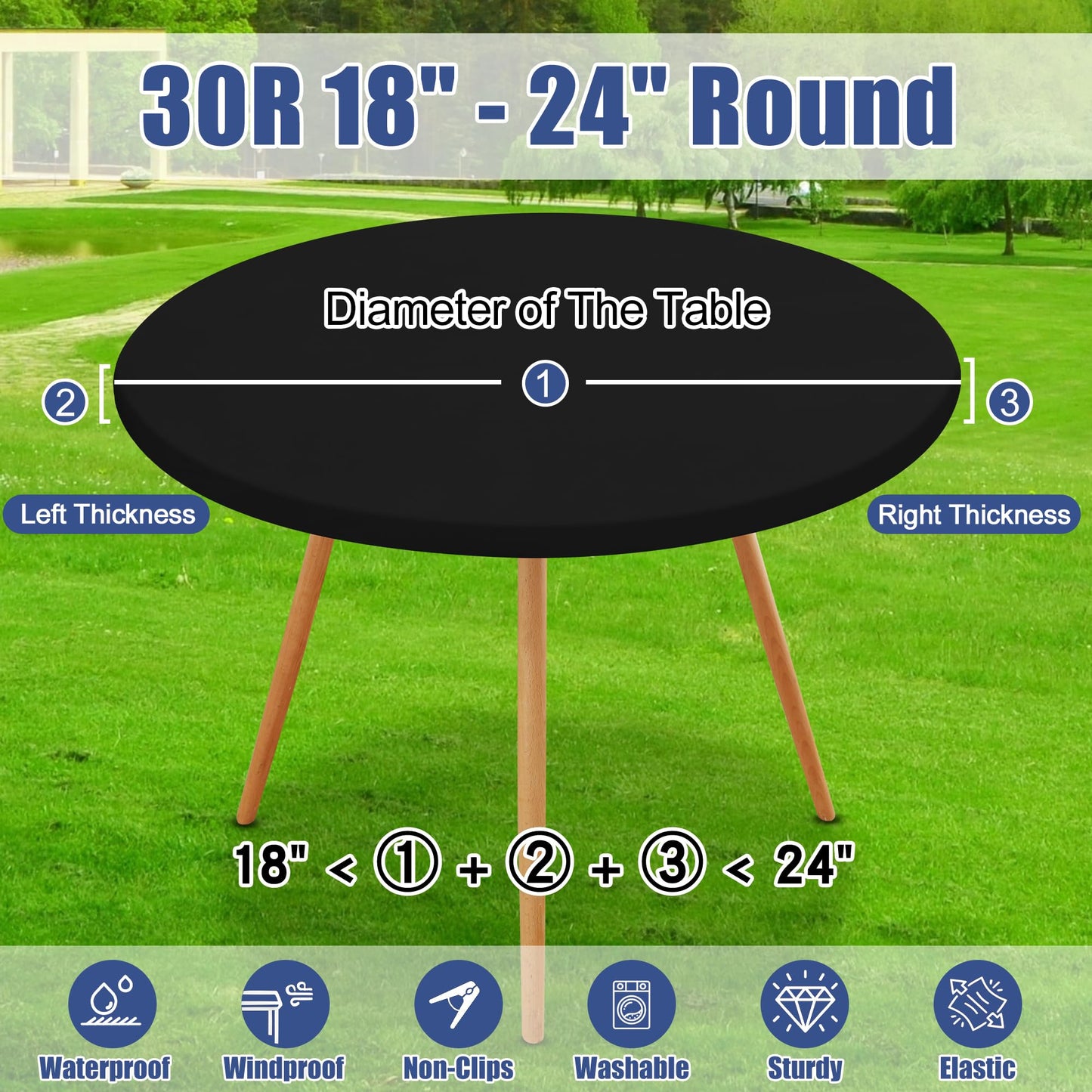 Moosfor Round Spandex Tablecloth, Elastic Fitted Waterproof Tablecloths for 18"-24" Tables, Stretch Washable Picnic Table Cover for Camping, Dining, Indoor and Outdoor, Black