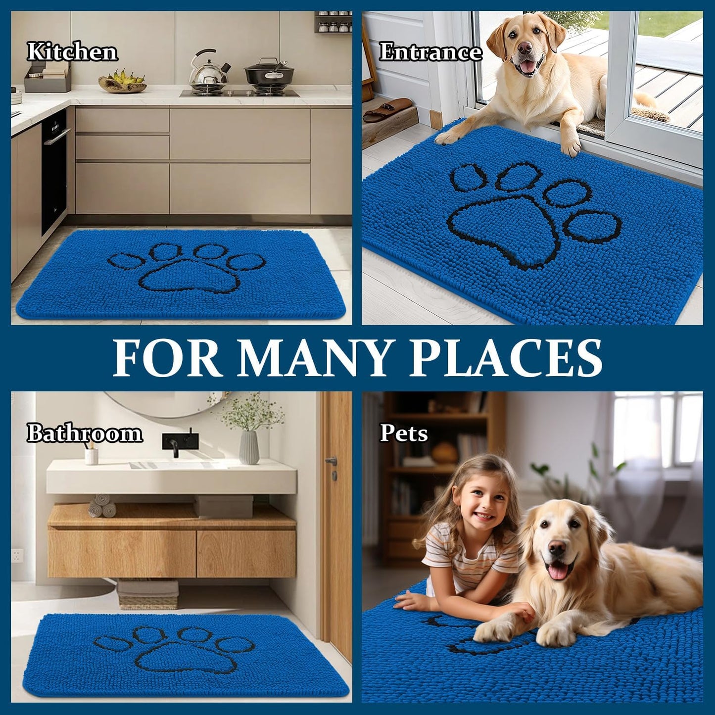 OLANLY Dog Door Mat - Absorbent Muddy Paws Doormat | Non-Slip Chenille, 36x24, Deep Navy Blue