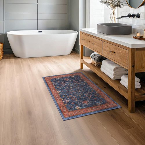 Hazo Haus Washable 2x3 Entry Rug - Non-Slip Rubber Backing for Kitchen & Bathroom | Navy Blue Boho Décor