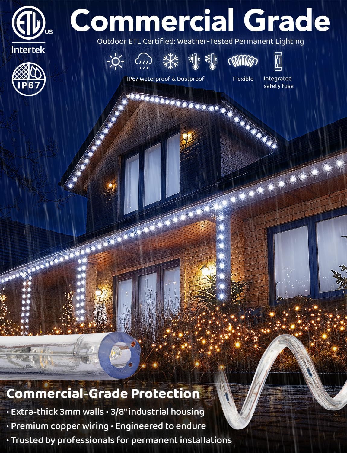 10ft Waterproof LED Rope Lights - 108 LEDs, Connectable Outdoor Christmas Decor
