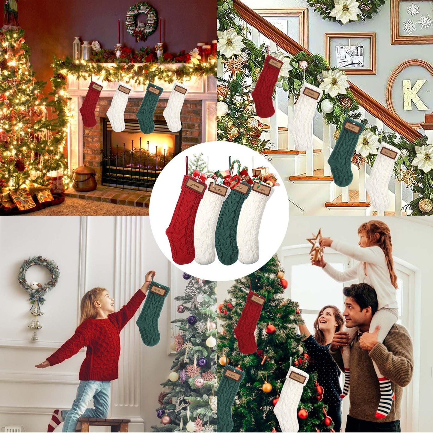18” Personalized Christmas Stocking with Names, Custom Christmas Stockings Set of 4 with Leather Patches, Large Knitted Christmas Stockings for Kids with Pen & 4pcs Christmas Stocking Holders - 4pcs