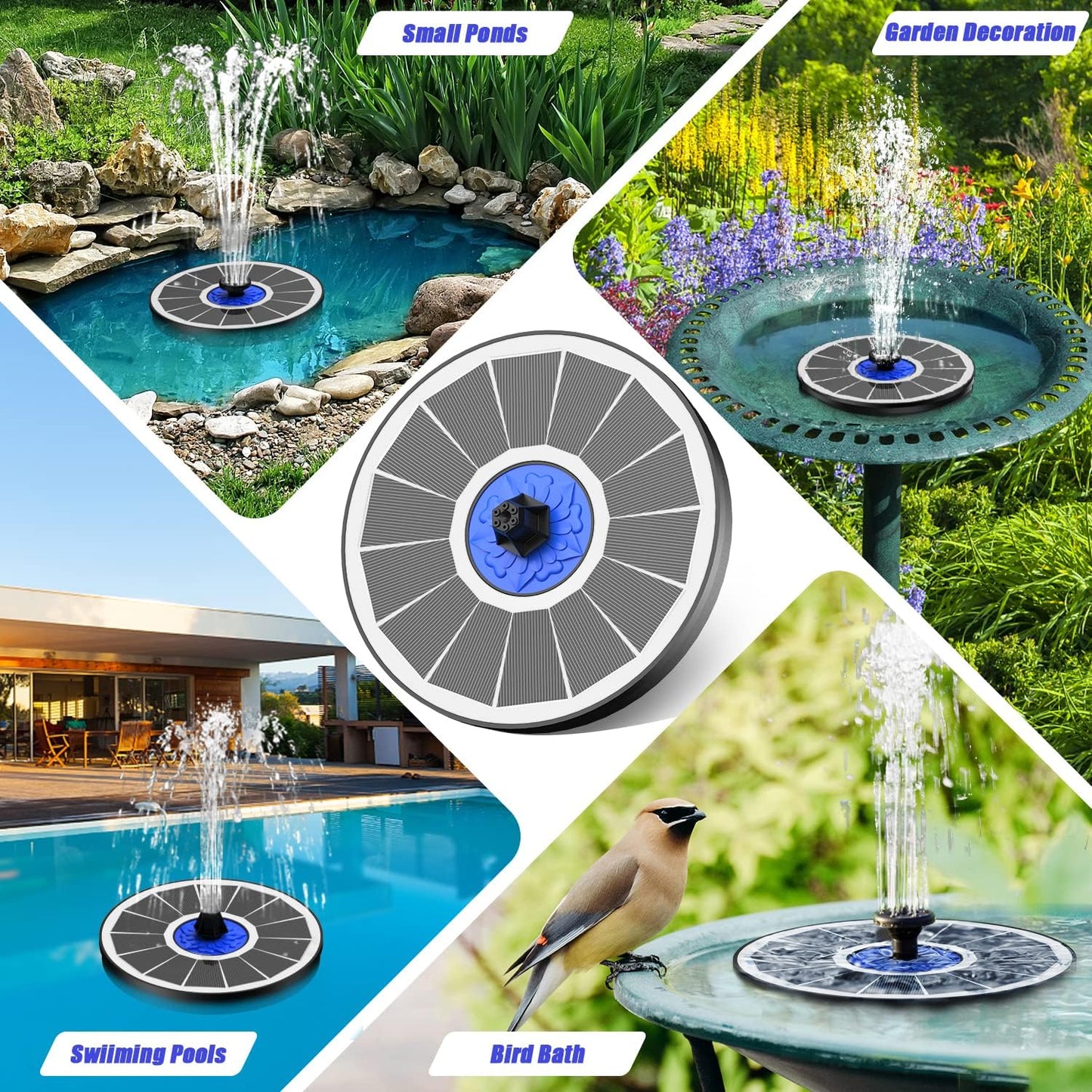 SZMP Solar Fountain - 3.5W Solar Powered Bird Bath Water Feature with 7 Nozzles & 4 Fixed Pipes for Garden, Pool, Pond, Fish Tank