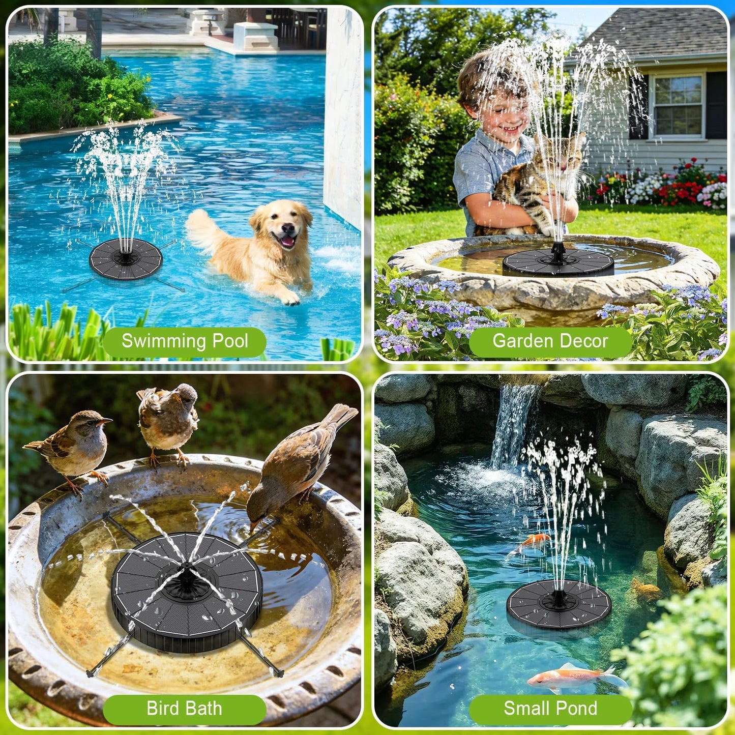 Skiennix Solar Fountain - 3 Spray Heights, 2000mAh Battery, 7 Nozzles for Garden & Pond