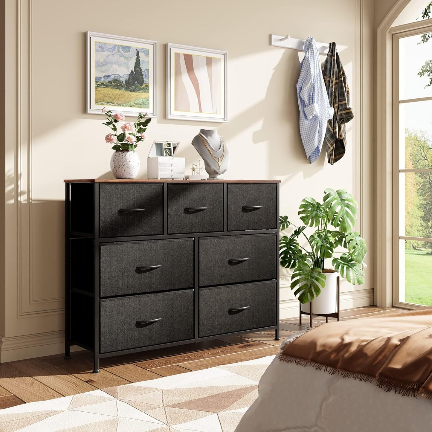 WLIVE 7 Drawer Dresser | Stylish TV Stand & Media Console for TVs Up to 45 Inches | Black & Rustic Brown