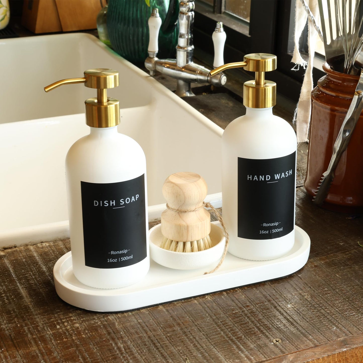 Ronasip Set of 5 Kitchen Soap Dispenser Set 16 Oz Glass Hand Dish Soap Dispenser with Stainless Steel Pump, Cement Tray, Dish Scrub Brush for Farmhouse Rustic Home Bathroom Decor (White)
