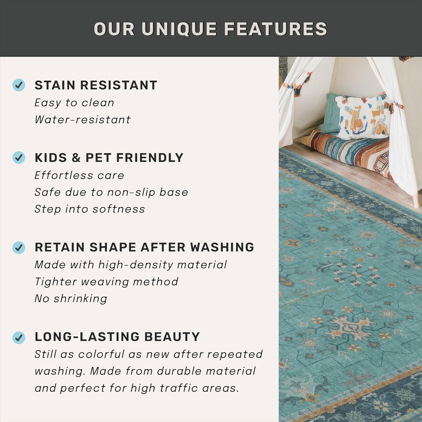Teal 7x10 Large Area Rug - Washable Soft Floral Pattern for Living Room & Bedroom Décor