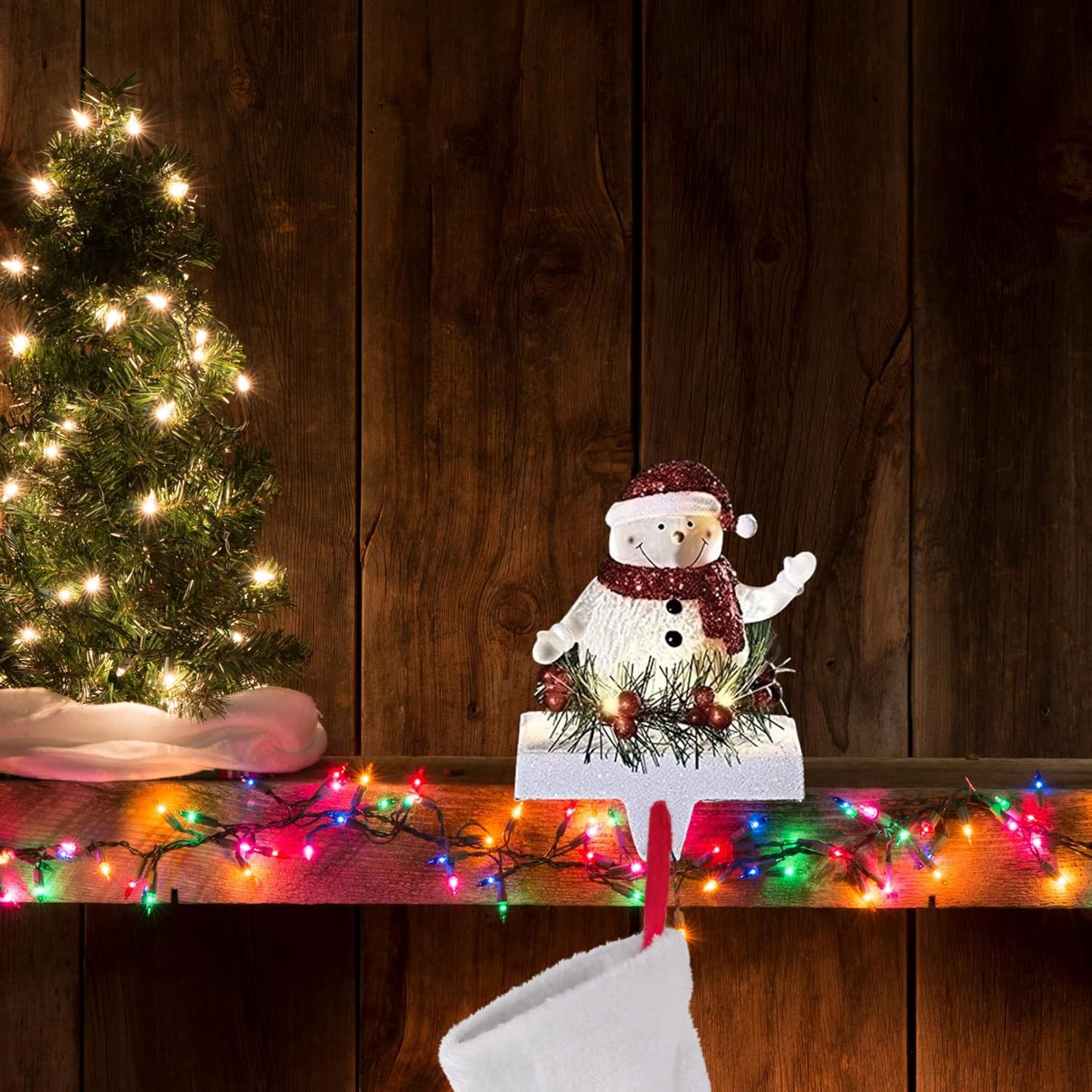 LED Snowman Stocking Holder - 7 Inch Tall Christmas Decor for Mantel