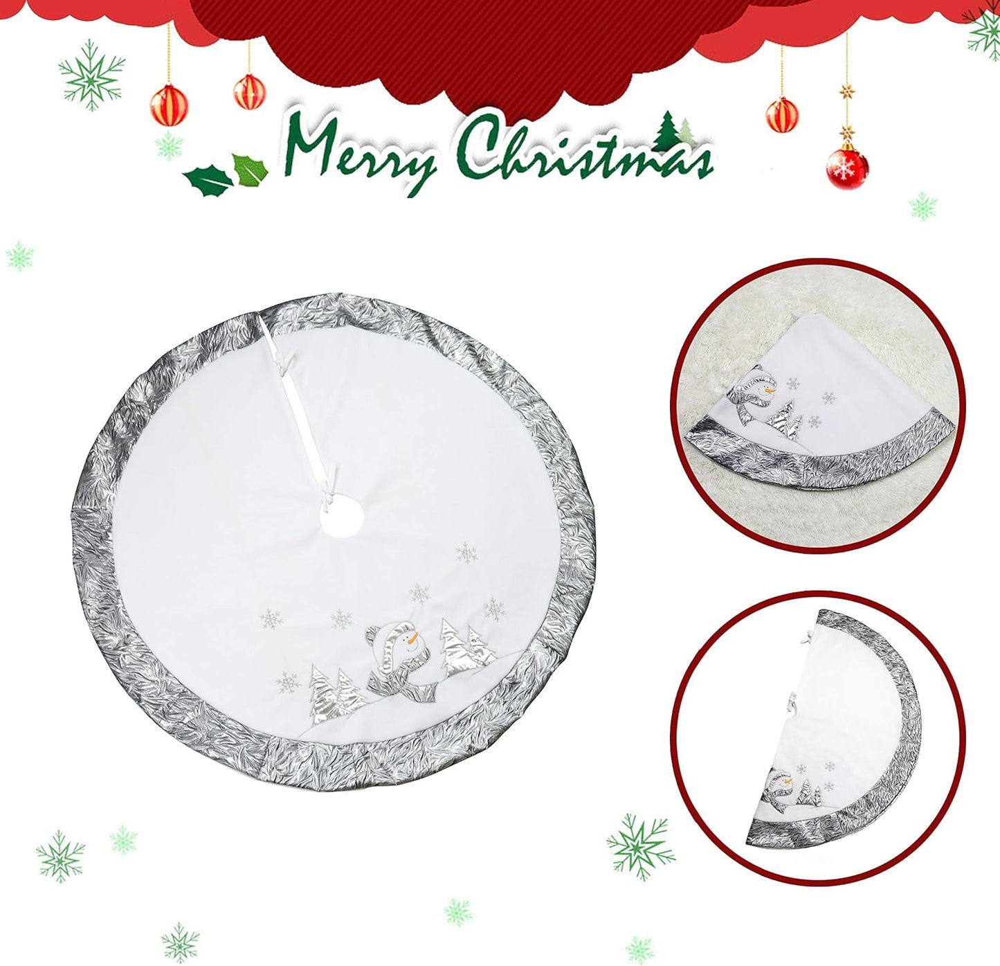 Luxury 36'' Snowman Christmas Tree Skirt - Silvery White Embroidered Snowflake with Satin Border