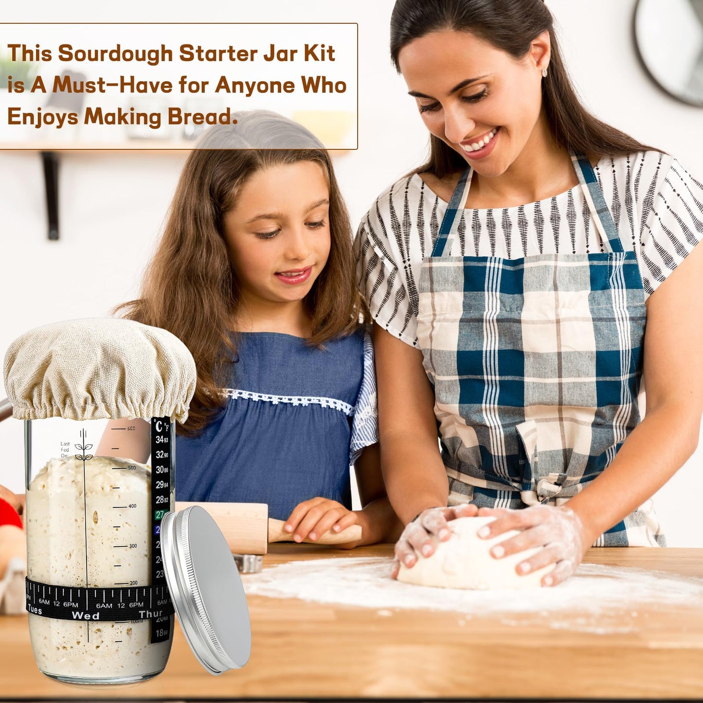Sourdough Bread Baking Supplies,24 oz Sourdough Starter Jar Glass, Sourdough Starter Kit with Date Marked Feeding Band, Thermometer, Silicone Scraper, Sewn Cloth Cover & Aluminum Lid, Sourdough Jar