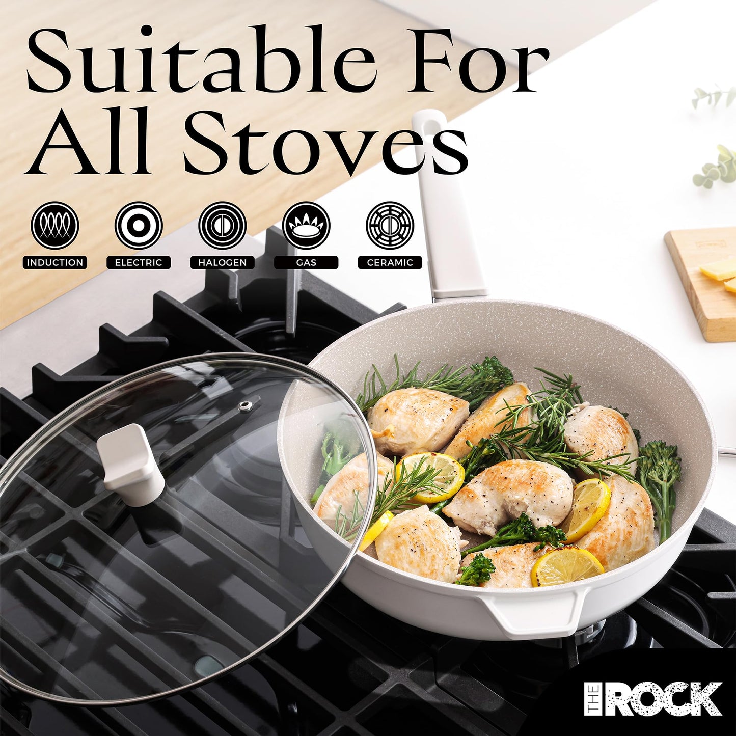 THE ROCK SOHO 4 Qt Nonstick Deep Frying Pan Skillet with Glass Lid, 11 Inch Large Deep Frying Pan, Ceramic Non Toxic Skillet with Heat-Resistant Handle, PFOA & PFAS Free, Oven & Dishwasher Safe, Cream
