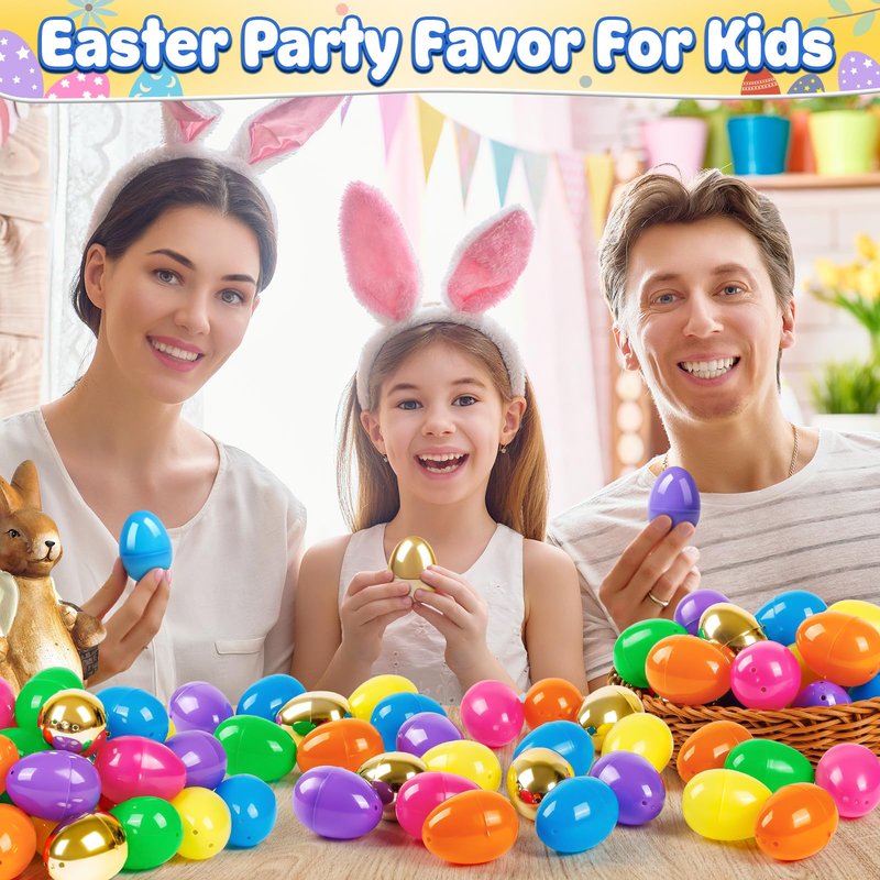 Birebebys 50 PCS 2.4"" Plastic Easter Eggs, 42 Pcs Empty Easter Eggs with 8 Golden Eggs, Fillable Egg with Hinge for Easter Hunt, Basket Stuffers, Classroom Prizes, Party Favors Supplies