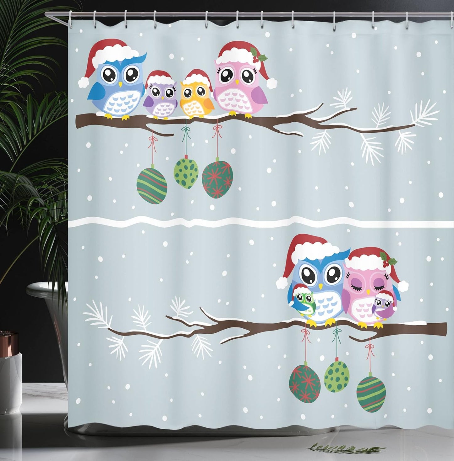 Christmas Owl Family Shower Curtain - Winter Bathroom Decor, 69" x 70", Fabric Set with Hooks