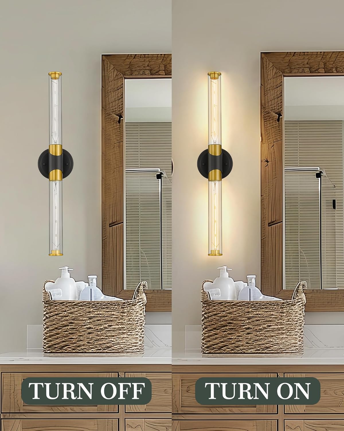 Industrial Sconces Wall Lighting, HWH 2-Light Bathroom Vanity Light Fixtures Black and Gold, 27'' Vanity Light Bar Cylinder Wall Lamp Over Mirror Bedroom Kitchen, 5HZG105B BK+BG