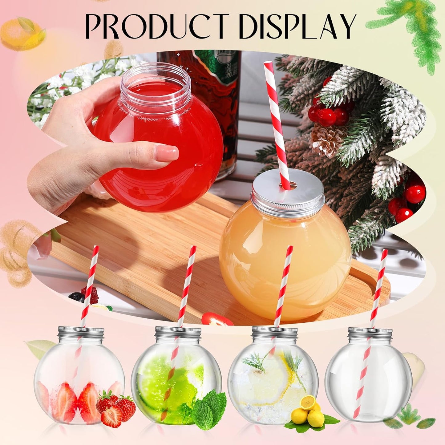 Yaomiao 24 Pcs 10 oz Mini Plastic Fish Bowl Ornament Cups for Drinks Clear Spherical Potion Bottles with Lids and Straws Bulb Cups for Christmas Carnival Candy Party Decorations (Red)
