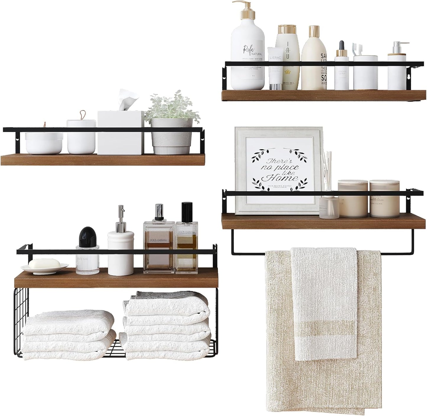 Wood Floating Shelves - Rustic 4-Tier Wall-Mounted Bathroom Shelves with Wire Basket & Towel Bar