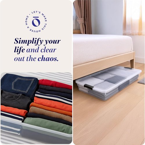 HOMZ Under Bed Storage Bins - 2-Pack Clear Plastic Containers with Lids, 60 Quart, Gray Latch | Stackable Organizer for Shoes, Bags, Clothes, Towels