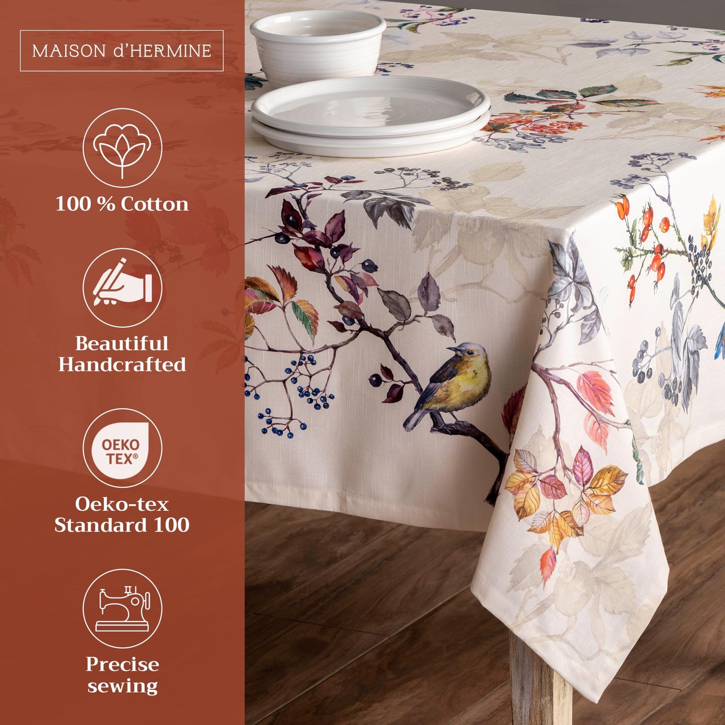 Maison d' Hermine Table Cloth Rectangle Table 100% Cotton 60 x 120 Inches Fall Tablecloth Reusable Everyday Use for Thanksgiving Christmas Decorations Dining Farmhouse Party (Equinoxe - Beige)