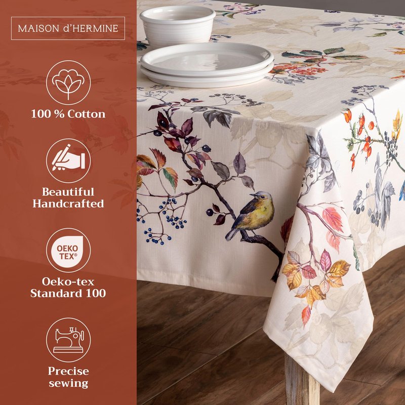 Maison d' Hermine Table Cloth Rectangle Table 100% Cotton 60 x 120 Inches Fall Tablecloth Reusable Everyday Use for Thanksgiving Christmas Decorations Dining Farmhouse Party (Equinoxe - Beige)