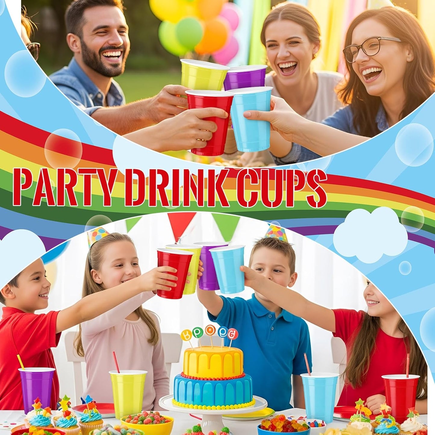 Reallnaive 12 oz Rainbow Color Disposable Plastic Party Cups - 100 Pcs Durable & Lightweight for Events | Home Use