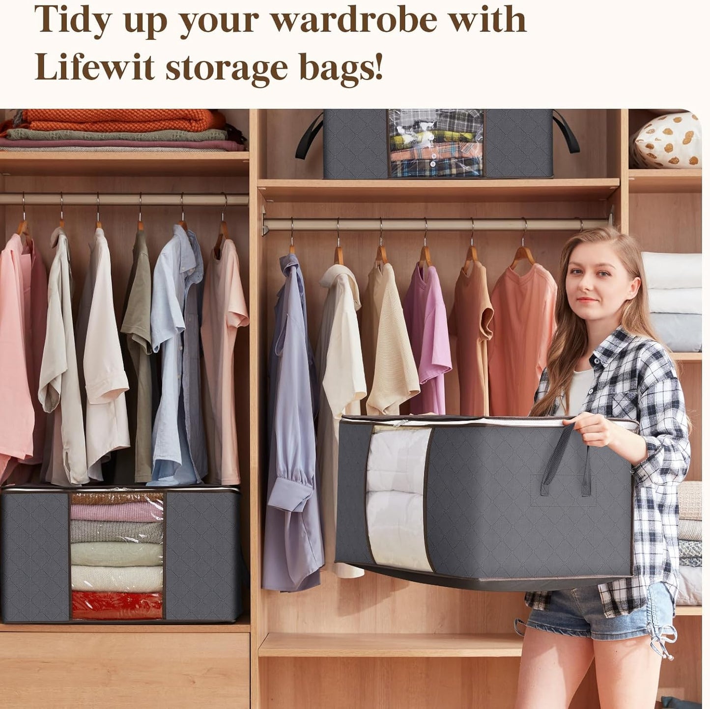 Lifewit 30-Pack Clothes Storage Bins - 90L Foldable Bags with Zippers & Clear Windows | Ideal for Bedding & Closet Organization