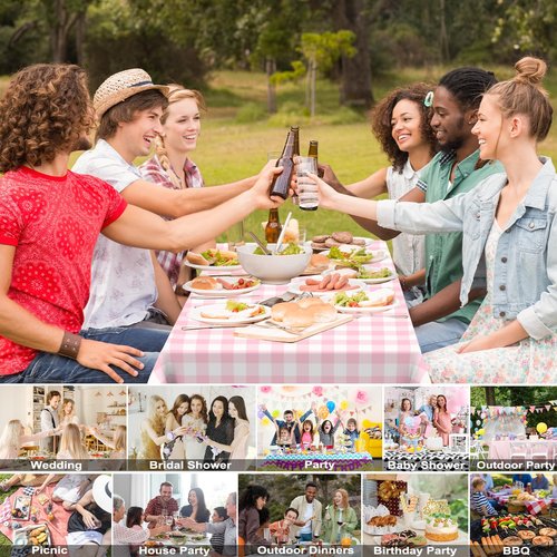 6 Pcs Pink Gingham Tablecloth Pink Disposable Plastic Checkered Table Cloths for Parties Disposable, Waterproof Rectangular Pink & White Table Cover for Camping, Birthday, Party, Picnic 54 × 108 Inch