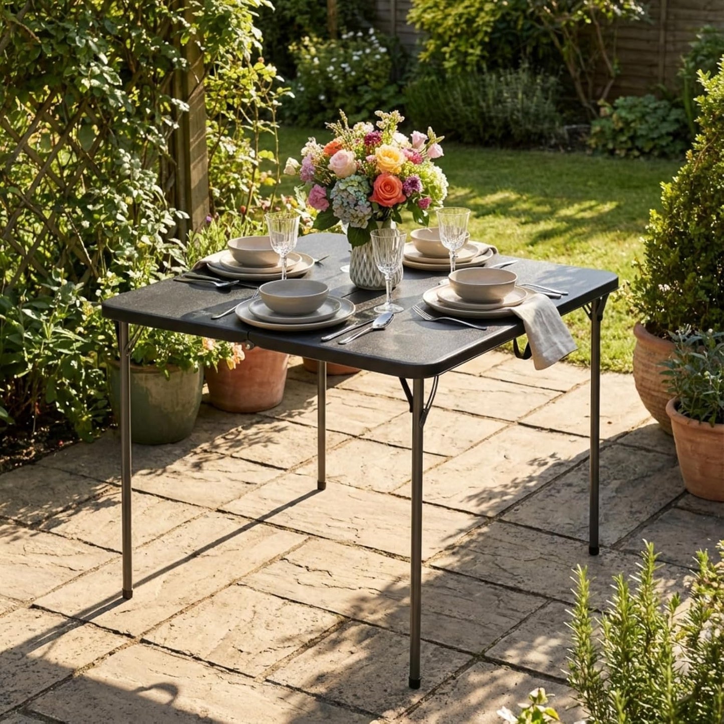 Regine Switzerland 34" Square Folding Table - Heavy-Duty, Portable Design for 4 People, Black