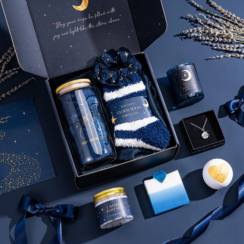 Suhctuptx Birthday Gifts for Women, Mothers Day Gifts for Mom, Starry Sky Spa Gift Basket with Universe Necklace, Self Care Gift Set for Her, Teacher Appreciation Gifts, Wife Sister Friend Boss Lady