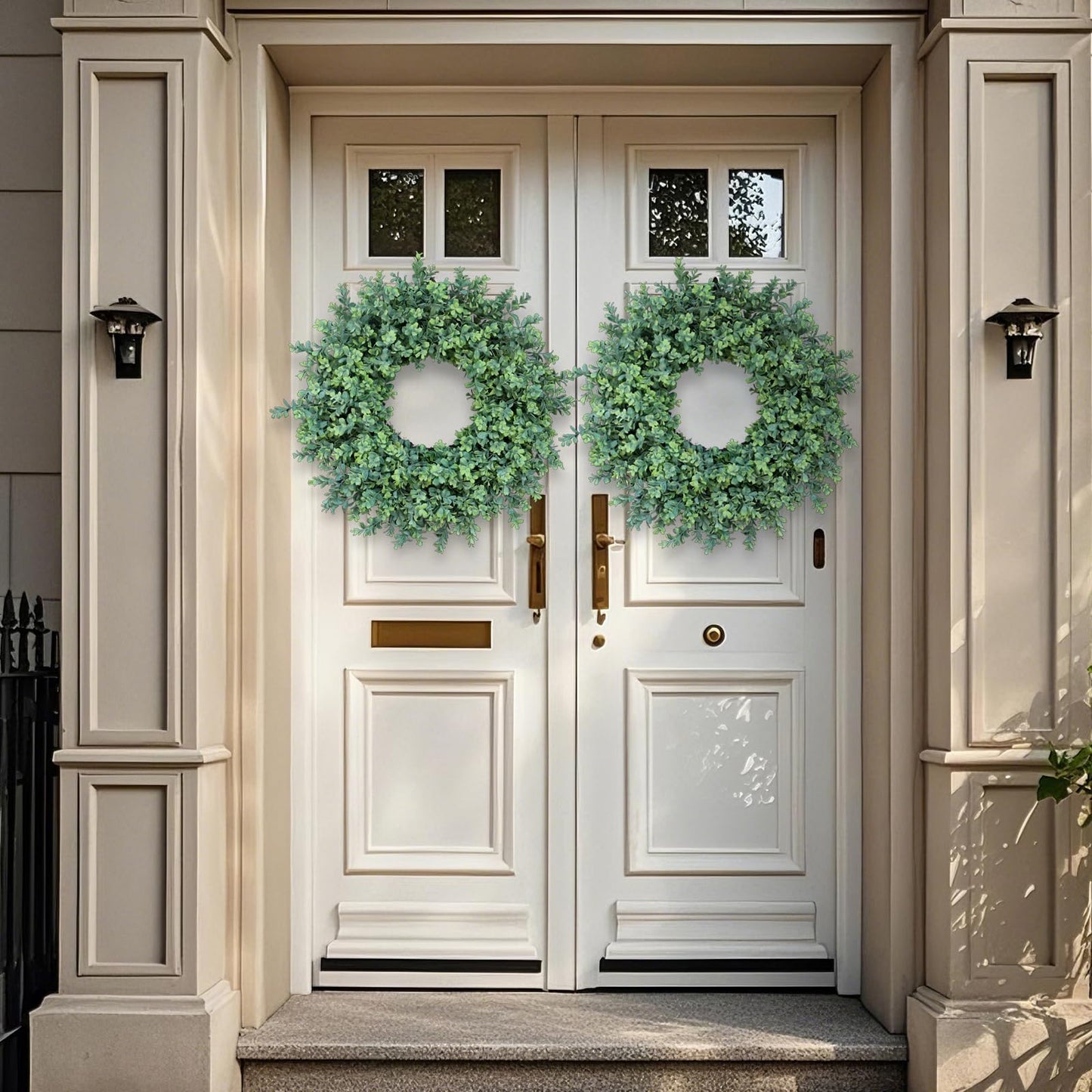 26'' Large Boxwood Wreath for Front Door, Porch, Window- Artificial Boxwood Leaves Greenery Outdoor Wreath for Home, Farmhouse Wall Decor- Spring, Summer, Fall, All Seasons (Green)