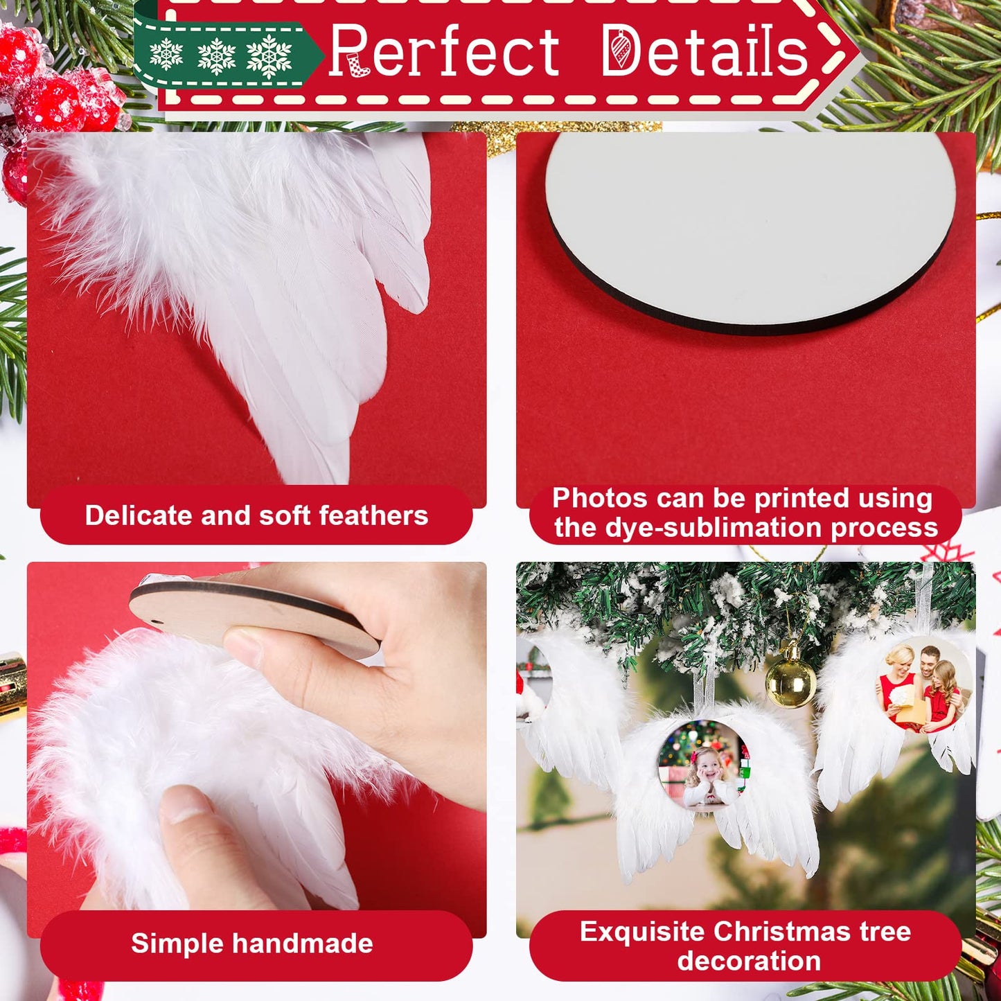 Christmas Sublimation Ornament Blank Decor White Angel Wings DIY Xmas Ornament Craft Hanging, Feather Hanging with Pendants for Christmas Tree Angel Wings Decor(36 Pcs,Round Style)