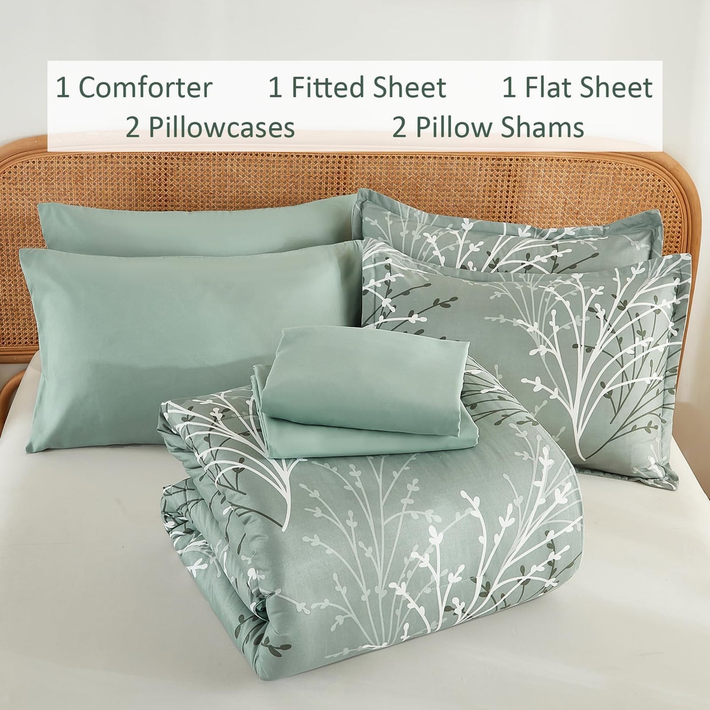 DJY Sage Green Comforter Set Queen Size Branch Botanical 7 Piece Bed in a Bag Green Floral Bedding Sets, Soft Microfiber Branches Leaves Pattern Reversible Comforter Set for All Season (90''x90'')