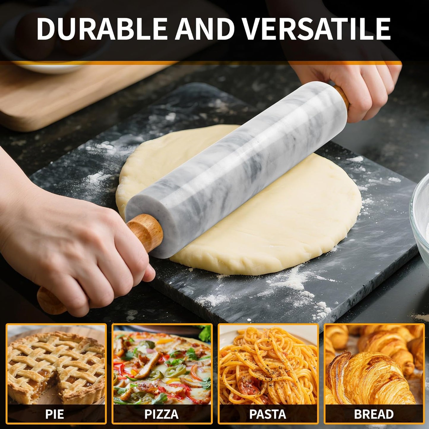 Skiennix Marble Rolling Pin - 16.7 Inches with Wooden Handles & Cradle | Perfect for Pizza Dough, Pasta, Cookies, and More!
