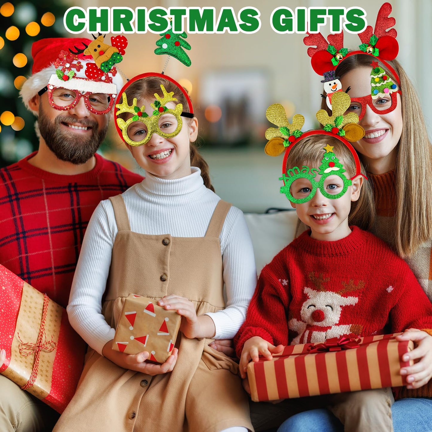 Christmas Glasses & Headband 12 Pack, Xmas Glitter Eyeglasses Frame & Headwear Accessories - One Size Fits All, Holiday Party Favor Supplies Classroom Game Prizes Gifts Photo Booth Props Outfit