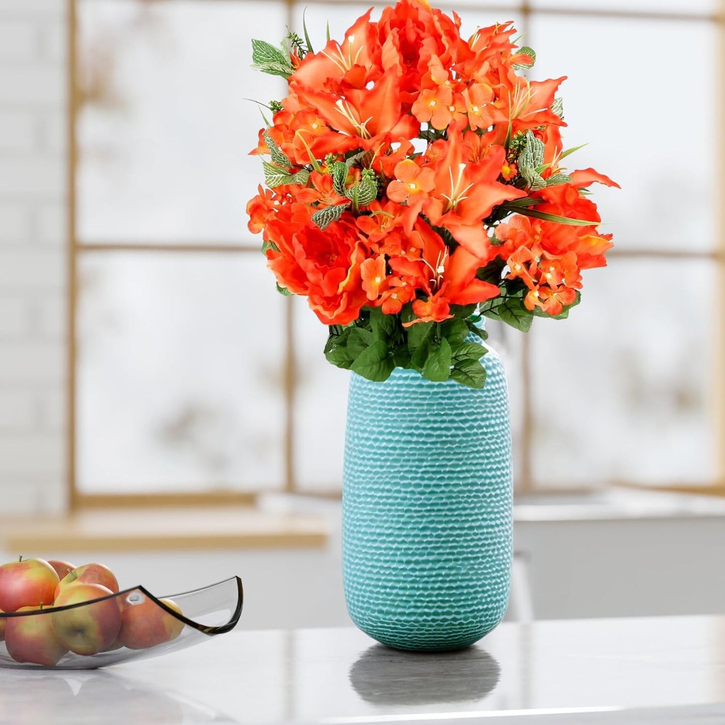 24-Stem Artificial Flower Arrangement - Mixed Roses & Carnations for Indoor/Outdoor Wedding & Home Decor - Spring Faux Flowers in Blue