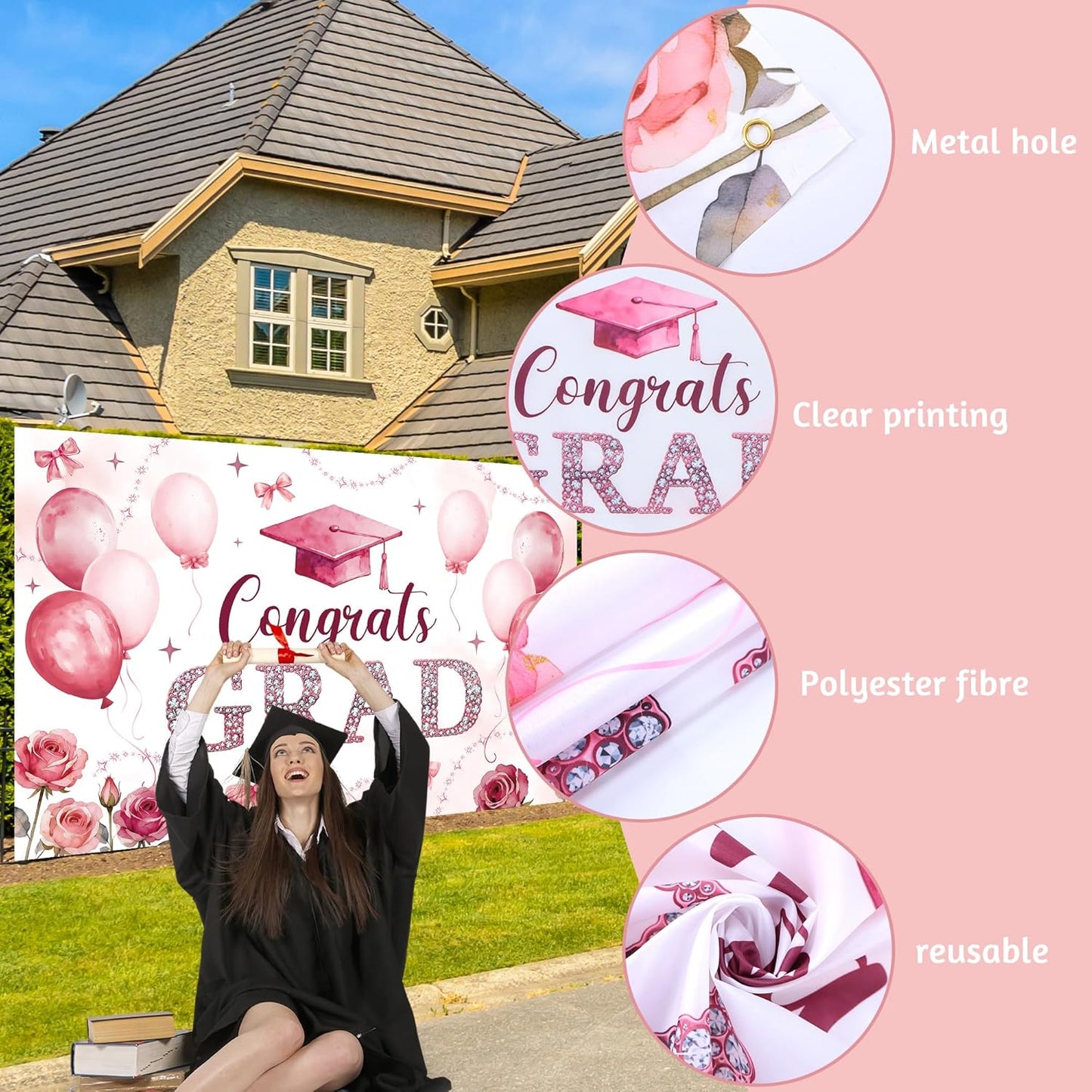 Regine Switzerland Pink Bow Graduation Party Decorations - 22PCS Banner & Balloon Set for 2026 Grads