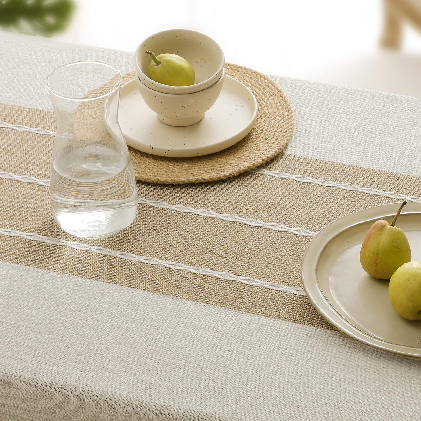 Softalker Outdoor Tablecloth Rectangle, Waterproof Linen Cotton Farmhouse Table Cloths with Tassel, Heavy Weight Wrinkle Free Boho Table Cover for Picnic Camping Dining - 55 x 70 Inch, Coffee Lines