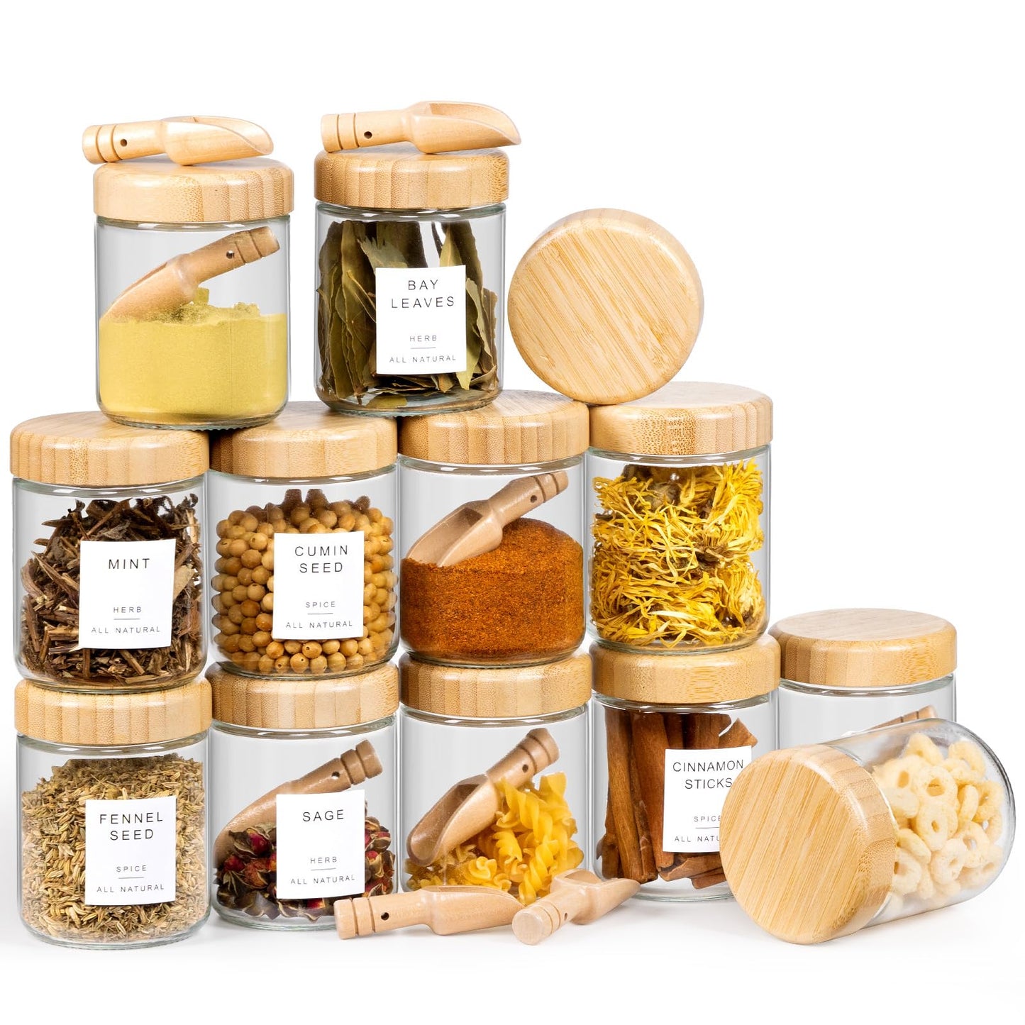 FavorFlavor 12-pack 10oz Glass Spice Jars with Labels, Spice Containers with 12 Wooden Spoons, Airtight Seasoning Containers with Bamboo Lids