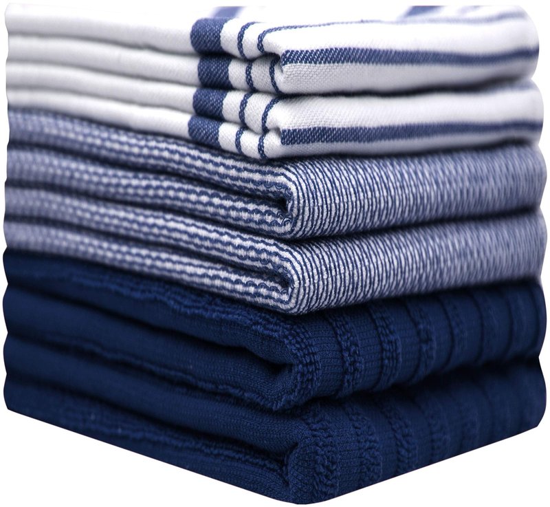 Premium Kitchen Towels (20”x 28”, 6 Pack) | Large Cotton Dish Towels | Flat & Terry Highly Absorbent Kitchen Linen Set with Hanging Loop | Navy Blue Striped