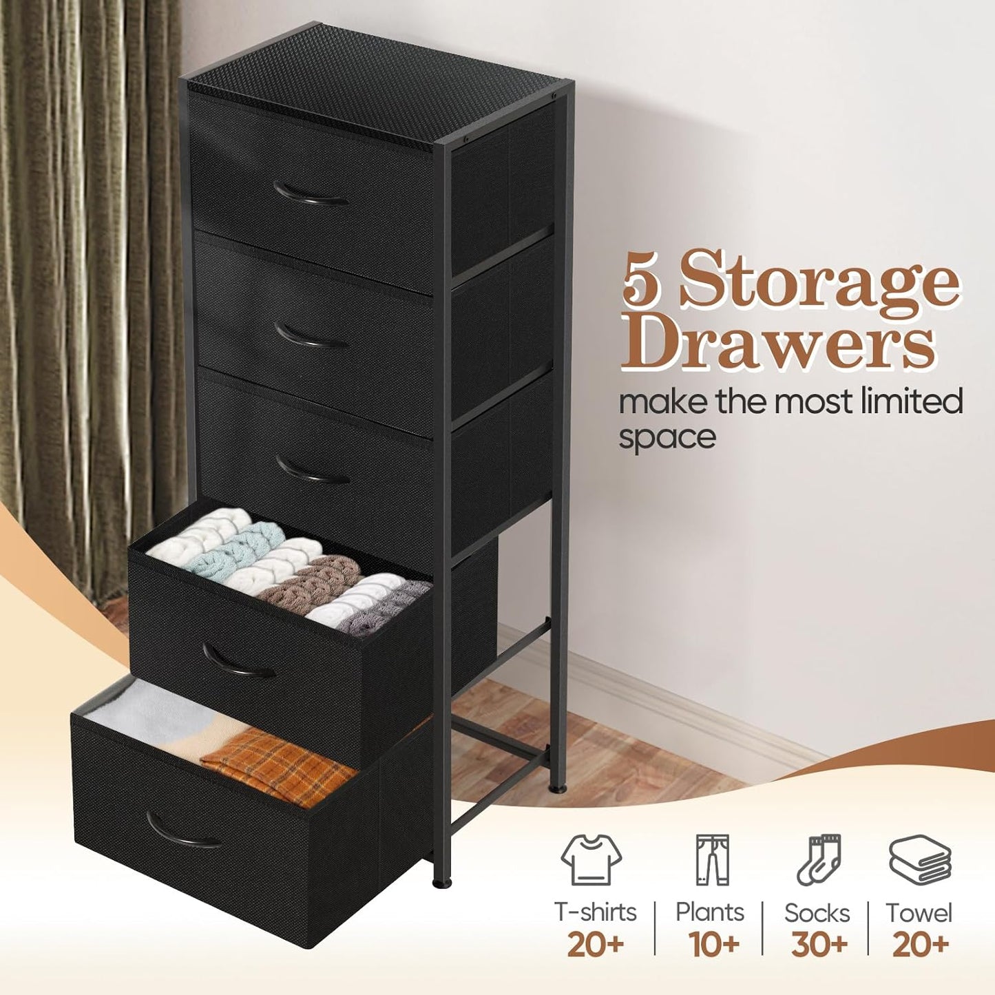 MOOACE 5-Drawer Dresser | Tall Fabric Storage Unit with Wooden Top | Black Metal Frame for Bedroom & Hallway